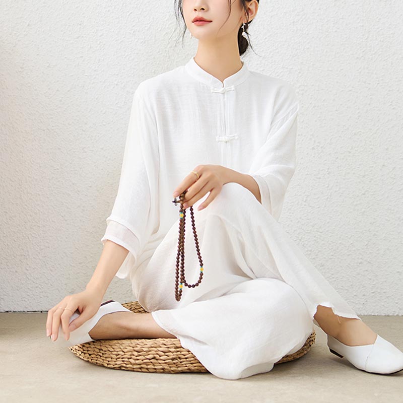 Nimara Ritual 2Pcs Simple Chinese Frog Button Design Top Pants Meditation Yoga Zen Tai Chi Cotton Clothing Women's Set