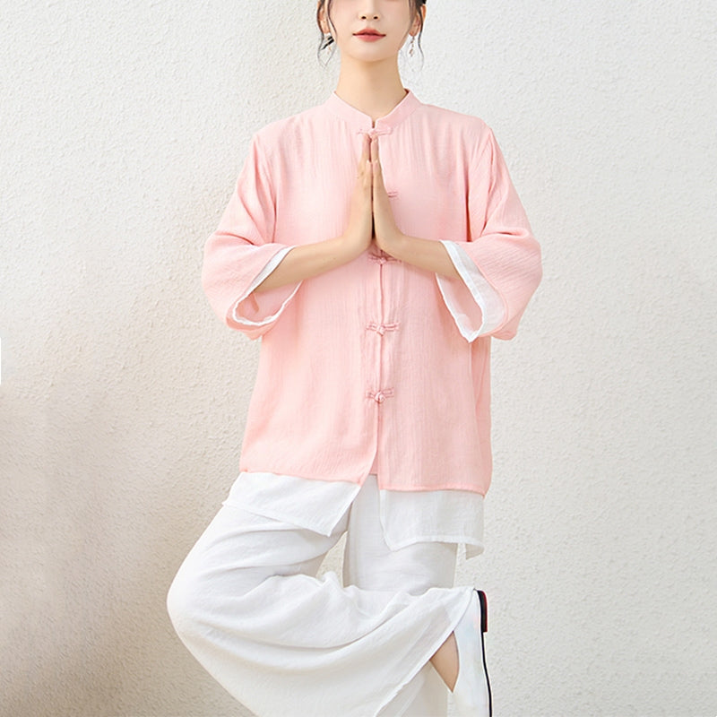 Nimara Ritual 2Pcs Simple Chinese Frog Button Design Top Pants Meditation Yoga Zen Tai Chi Cotton Clothing Women's Set