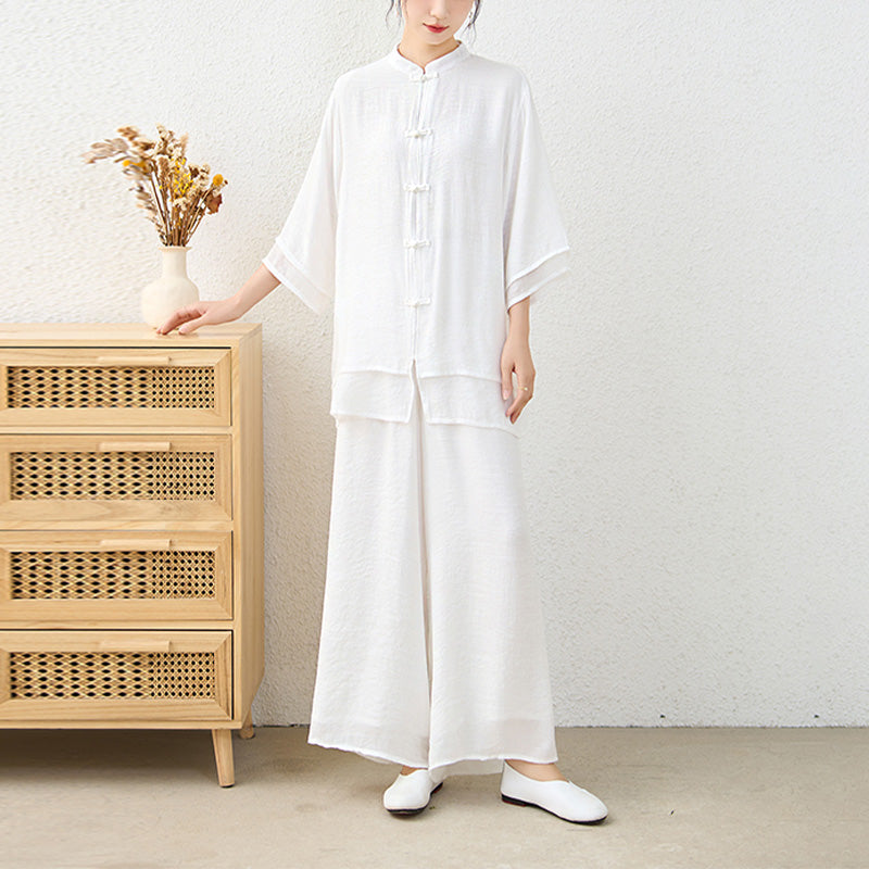 Nimara Ritual 2Pcs Simple Chinese Frog Button Design Top Pants Meditation Yoga Zen Tai Chi Cotton Clothing Women's Set