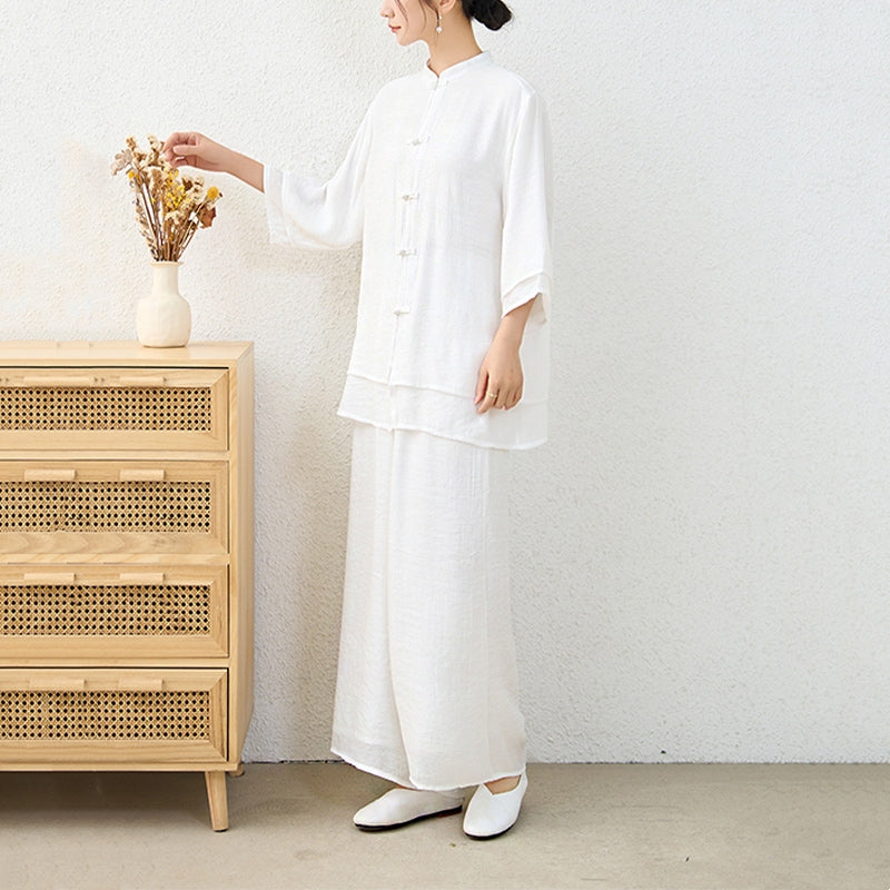 Nimara Ritual 2Pcs Simple Chinese Frog Button Design Top Pants Meditation Yoga Zen Tai Chi Cotton Clothing Women's Set