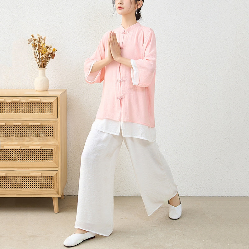 Nimara Ritual 2Pcs Simple Chinese Frog Button Design Top Pants Meditation Yoga Zen Tai Chi Cotton Clothing Women's Set