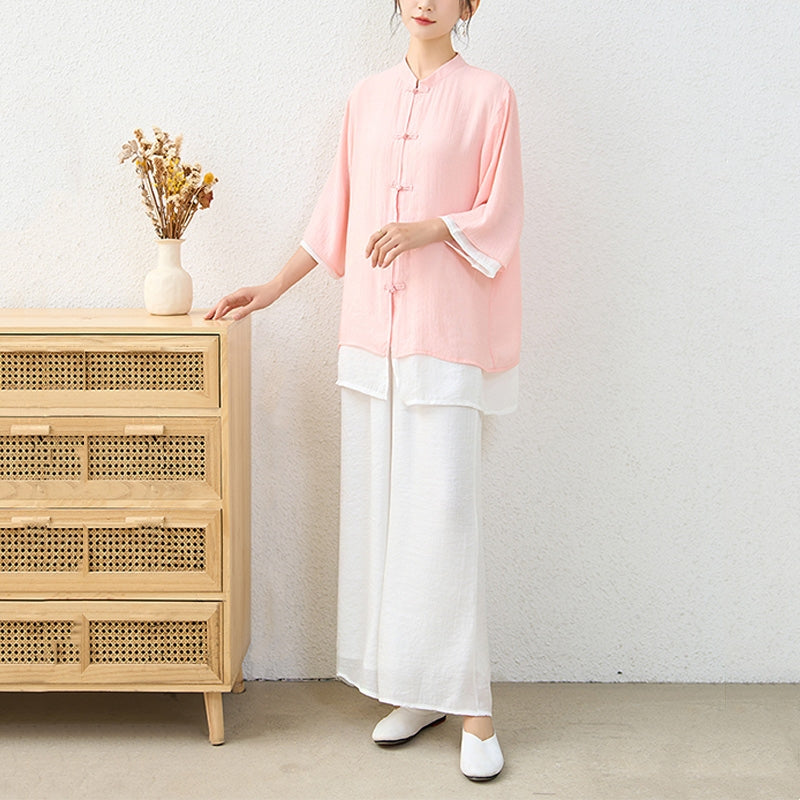 Nimara Ritual 2Pcs Simple Chinese Frog Button Design Top Pants Meditation Yoga Zen Tai Chi Cotton Clothing Women's Set
