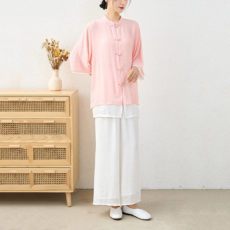 Nimara Ritual 2Pcs Simple Chinese Frog Button Design Top Pants Meditation Yoga Zen Tai Chi Cotton Clothing Women's Set
