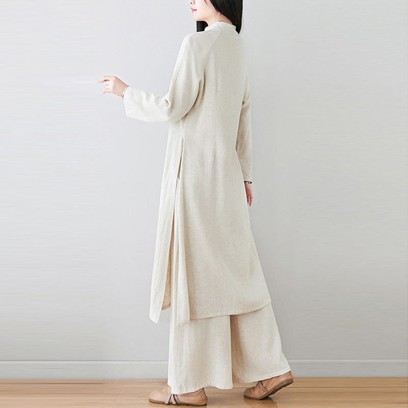 Nimara Ritual 2Pcs Chinese Frog Button Design Zen Tai Chi Meditation Clothing Top Pants Women's Set