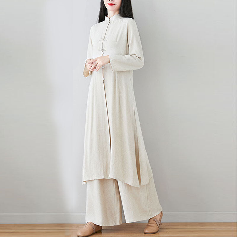 Nimara Ritual 2Pcs Chinese Frog Button Design Zen Tai Chi Meditation Clothing Top Pants Women's Set