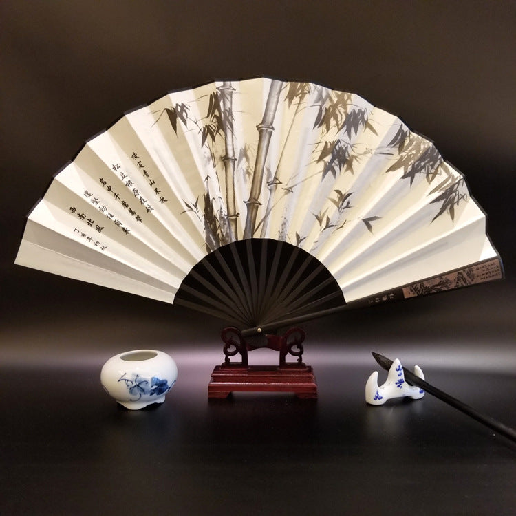 Nimara Ritual Great Wall Mountains Trees Crane Bamboo Handheld Bamboo Folding Fan 33.5cm