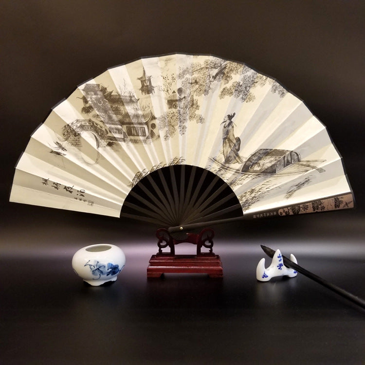 Nimara Ritual Great Wall Mountains Trees Crane Bamboo Handheld Bamboo Folding Fan 33.5cm