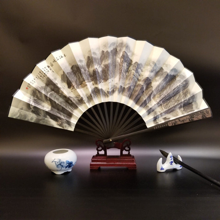 Nimara Ritual Great Wall Mountains Trees Crane Bamboo Handheld Bamboo Folding Fan 33.5cm