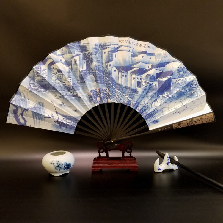 Nimara Ritual Great Wall Mountains Trees Crane Bamboo Handheld Bamboo Folding Fan 33.5cm