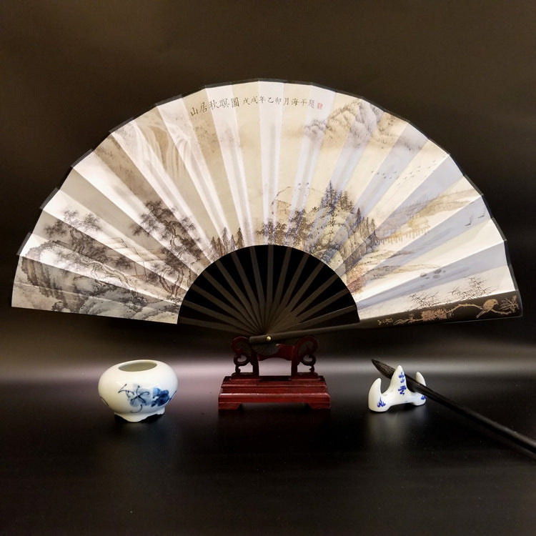 Nimara Ritual Great Wall Mountains Trees Crane Bamboo Handheld Bamboo Folding Fan 33.5cm