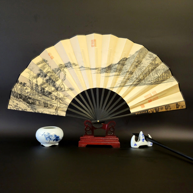 Nimara Ritual Great Wall Mountains Trees Crane Bamboo Handheld Bamboo Folding Fan 33.5cm