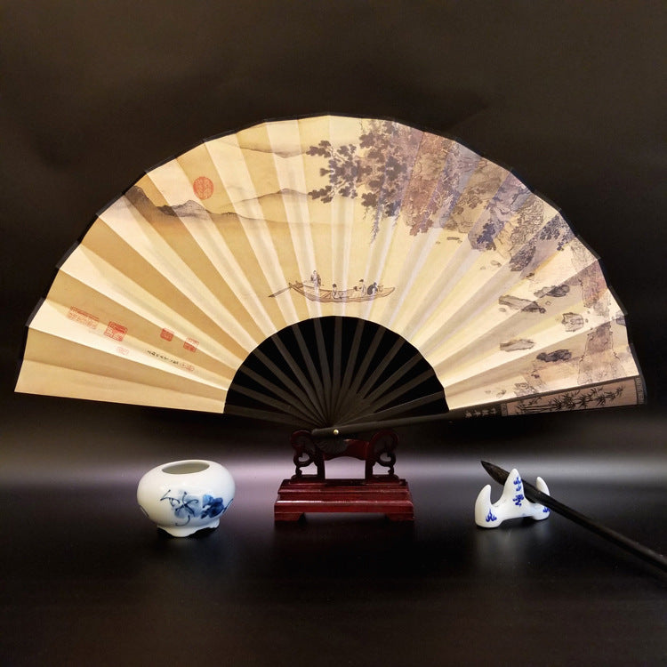 Nimara Ritual Great Wall Mountains Trees Crane Bamboo Handheld Bamboo Folding Fan 33.5cm
