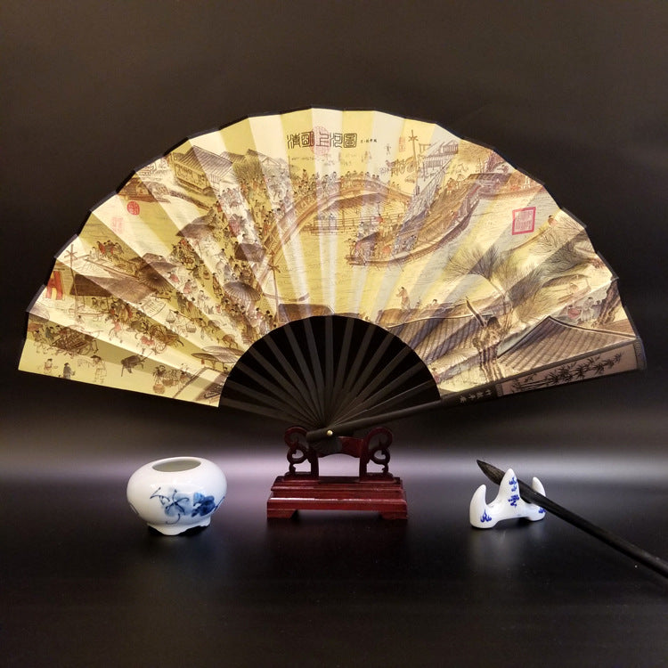 Nimara Ritual Great Wall Mountains Trees Crane Bamboo Handheld Bamboo Folding Fan 33.5cm