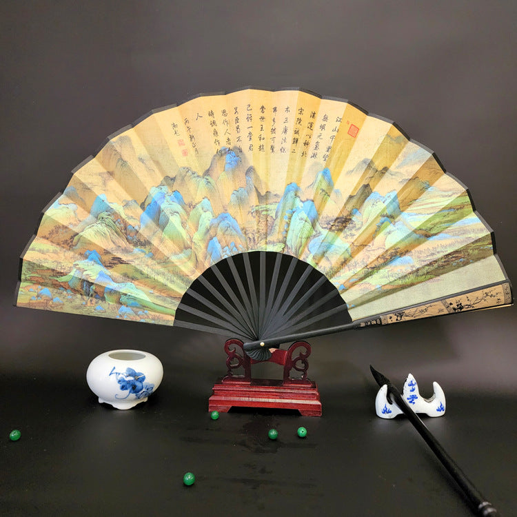 Nimara Ritual Great Wall Mountains Trees Crane Bamboo Handheld Bamboo Folding Fan 33.5cm