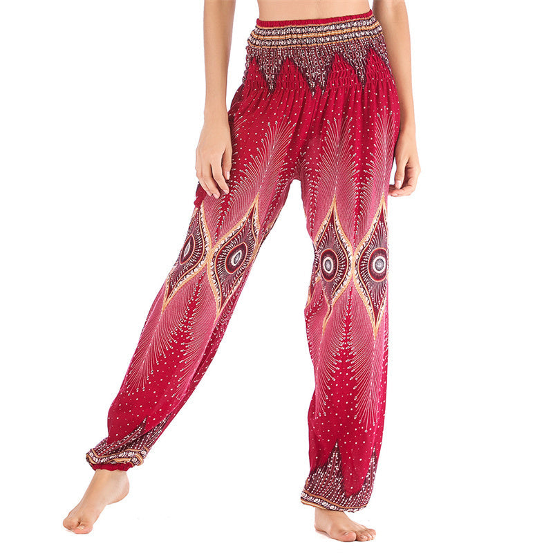 Nimara Ritual Small Eye Peacock Feathers Pattern Loose Smocked Harem Trousers High Waist Women's Yoga Pants