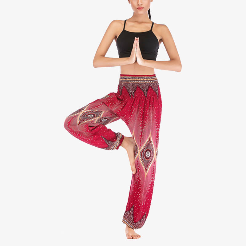 Nimara Ritual Small Eye Peacock Feathers Pattern Loose Smocked Harem Trousers High Waist Women's Yoga Pants