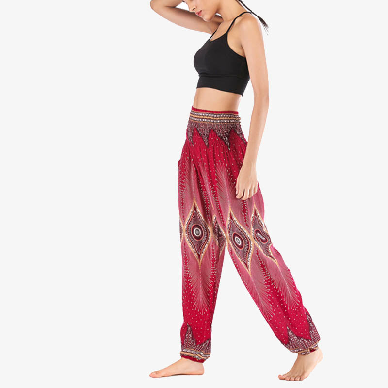 Nimara Ritual Small Eye Peacock Feathers Pattern Loose Smocked Harem Trousers High Waist Women's Yoga Pants