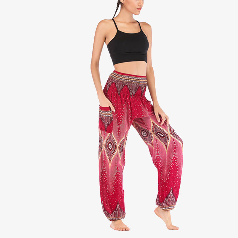 Nimara Ritual Small Eye Peacock Feathers Pattern Loose Smocked Harem Trousers High Waist Women's Yoga Pants