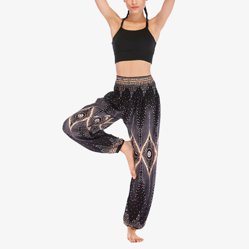 Nimara Ritual Small Eye Peacock Feathers Pattern Loose Smocked Harem Trousers High Waist Women's Yoga Pants