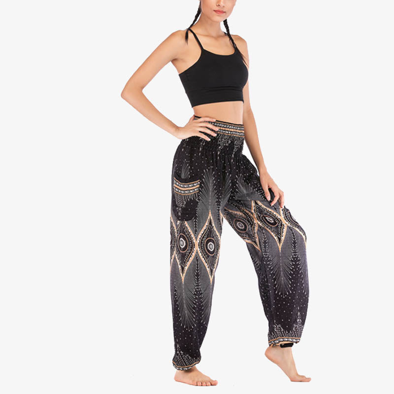 Nimara Ritual Small Eye Peacock Feathers Pattern Loose Smocked Harem Trousers High Waist Women's Yoga Pants