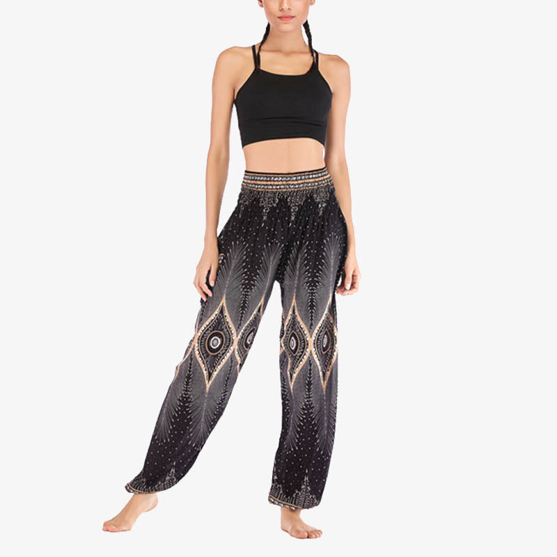 Nimara Ritual Small Eye Peacock Feathers Pattern Loose Smocked Harem Trousers High Waist Women's Yoga Pants