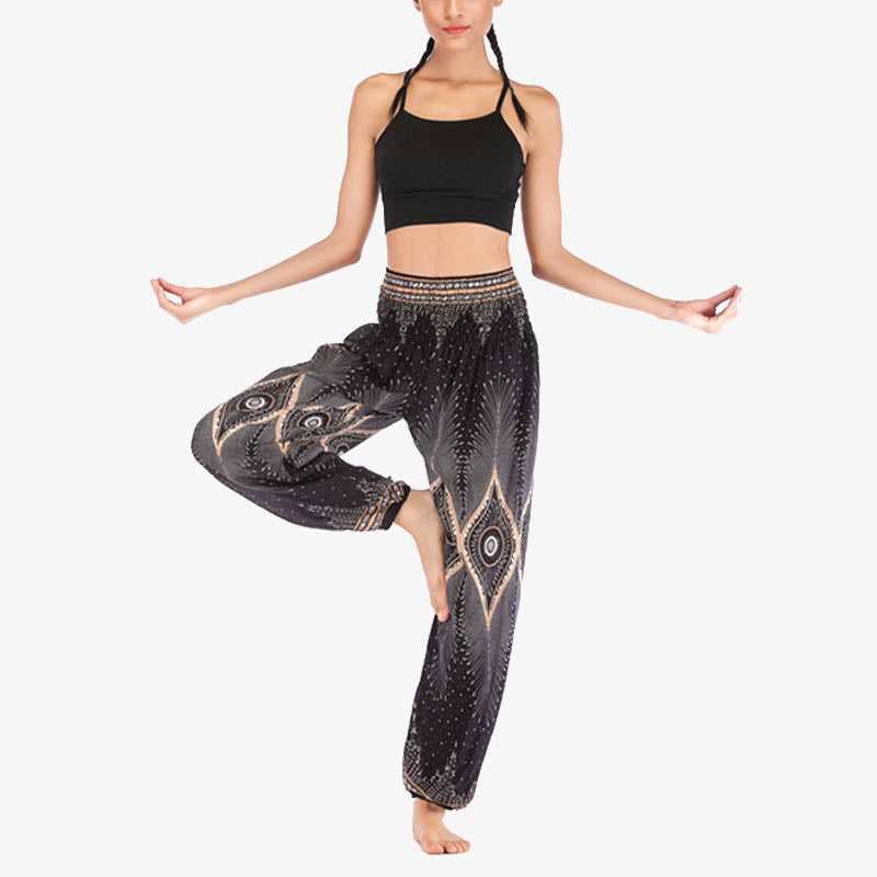 Nimara Ritual Small Eye Peacock Feathers Pattern Loose Smocked Harem Trousers High Waist Women's Yoga Pants