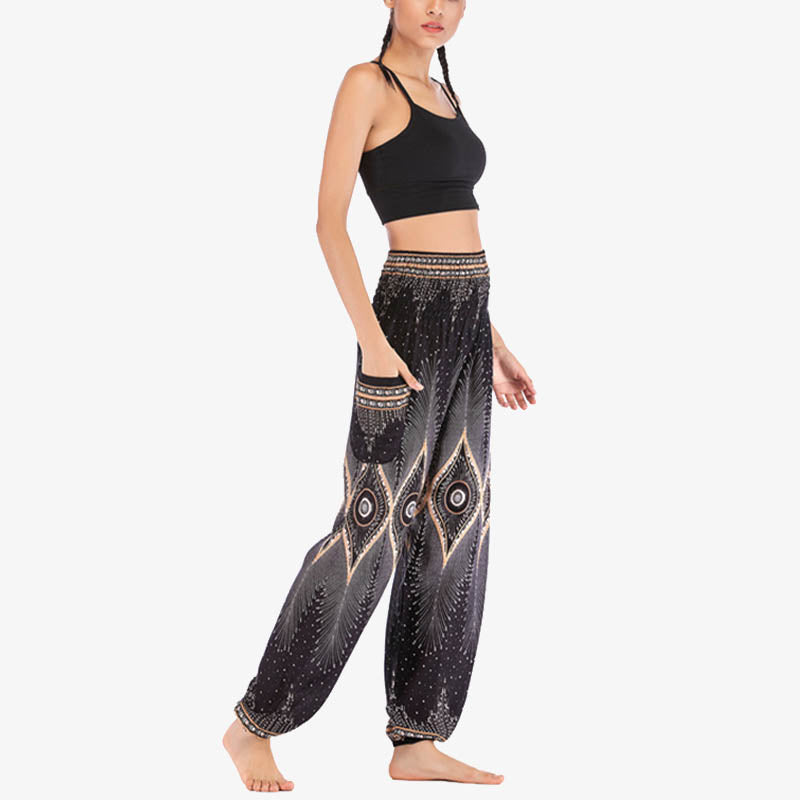 Nimara Ritual Small Eye Peacock Feathers Pattern Loose Smocked Harem Trousers High Waist Women's Yoga Pants