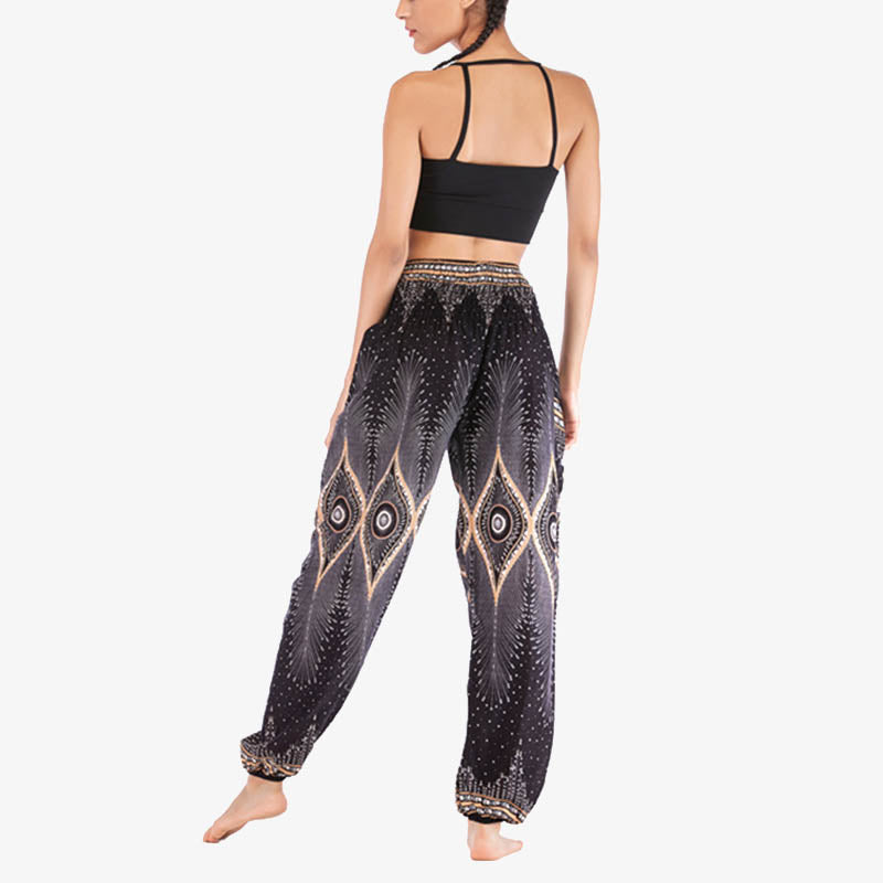 Nimara Ritual Small Eye Peacock Feathers Pattern Loose Smocked Harem Trousers High Waist Women's Yoga Pants