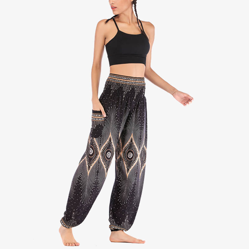 Nimara Ritual Small Eye Peacock Feathers Pattern Loose Smocked Harem Trousers High Waist Women's Yoga Pants