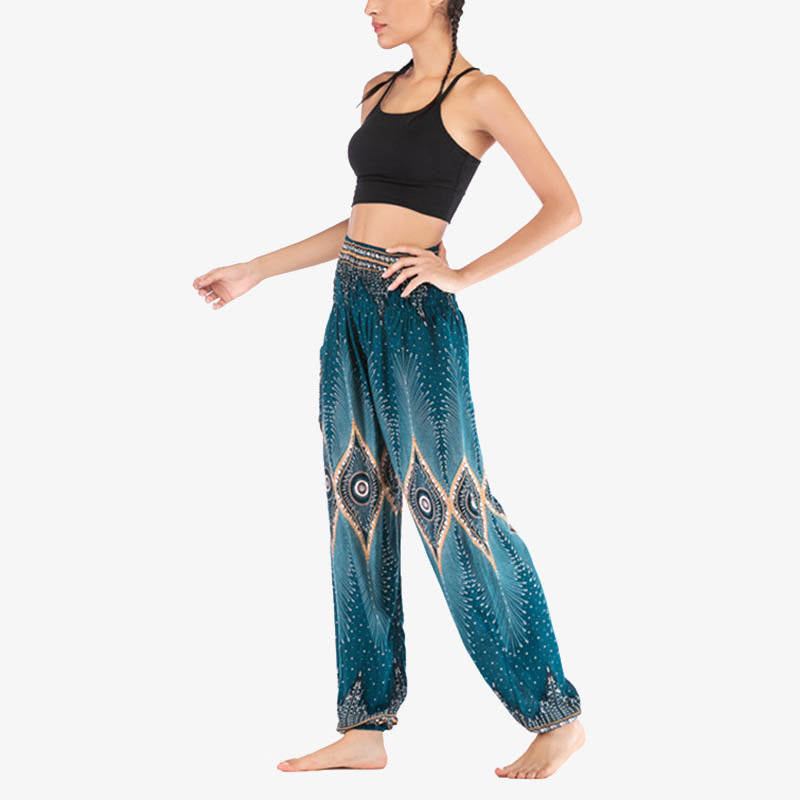 Nimara Ritual Small Eye Peacock Feathers Pattern Loose Smocked Harem Trousers High Waist Women's Yoga Pants