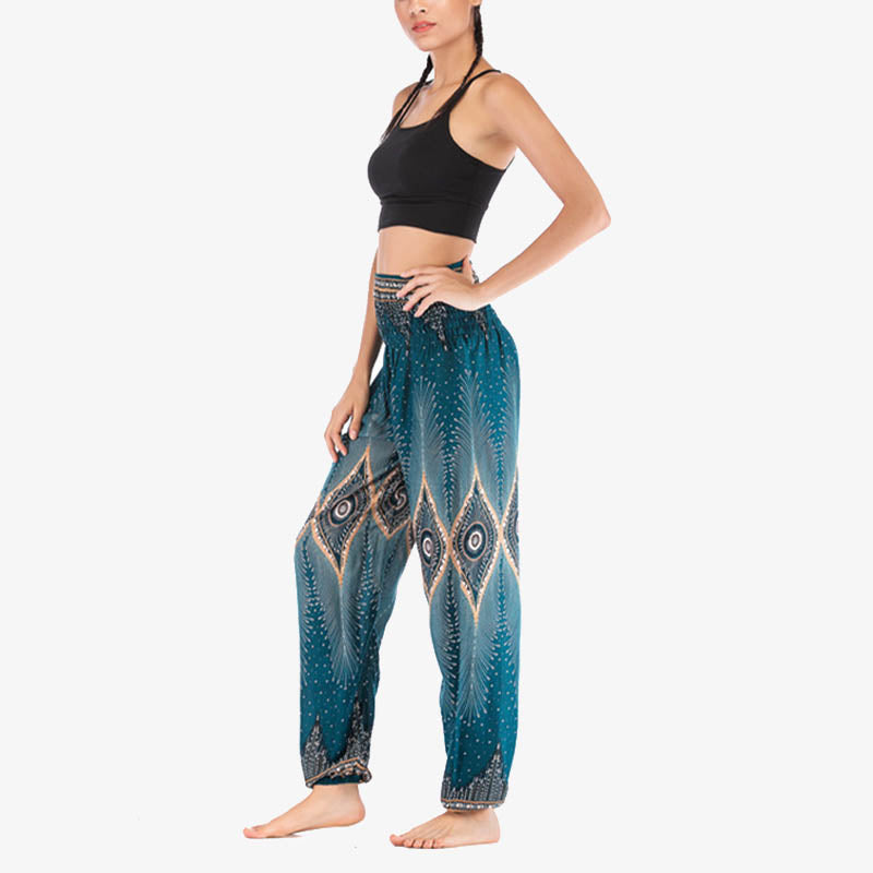 Nimara Ritual Small Eye Peacock Feathers Pattern Loose Smocked Harem Trousers High Waist Women's Yoga Pants