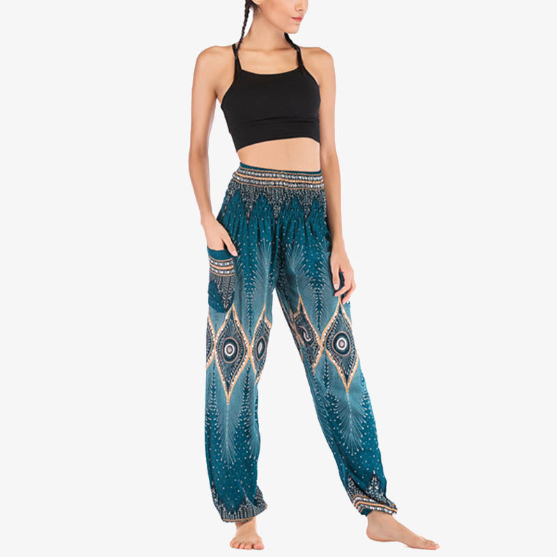 Nimara Ritual Small Eye Peacock Feathers Pattern Loose Smocked Harem Trousers High Waist Women's Yoga Pants