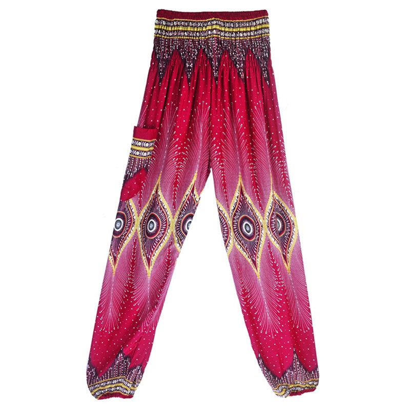 Nimara Ritual Small Eye Peacock Feathers Pattern Loose Smocked Harem Trousers High Waist Women's Yoga Pants