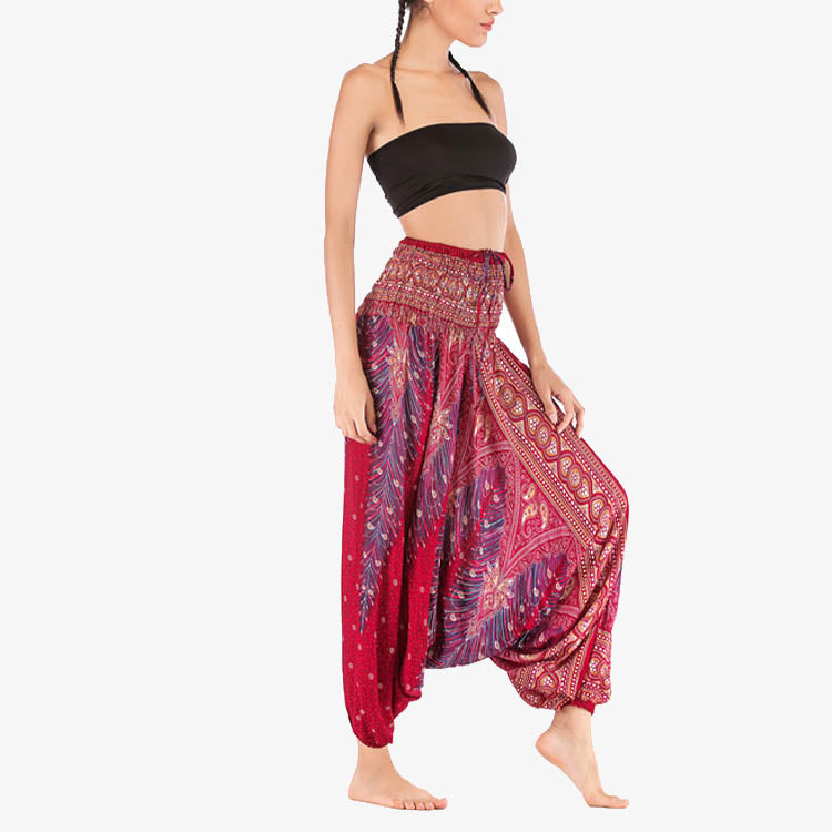 Nimara Ritual Two Style Wear Feathers Geometric Pattern Loose Smocked Trousers Jumpsuit Women's Yoga Pants