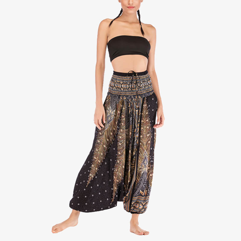 Nimara Ritual Two Style Wear Feathers Geometric Pattern Loose Smocked Trousers Jumpsuit Women's Yoga Pants