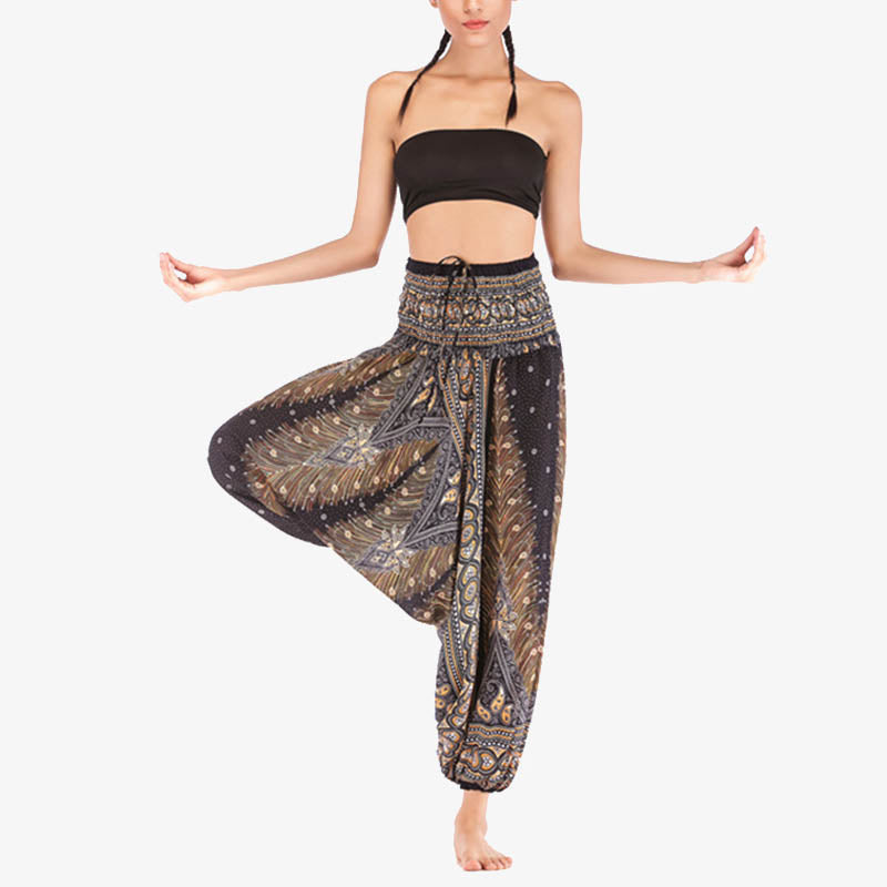 Nimara Ritual Two Style Wear Feathers Geometric Pattern Loose Smocked Trousers Jumpsuit Women's Yoga Pants