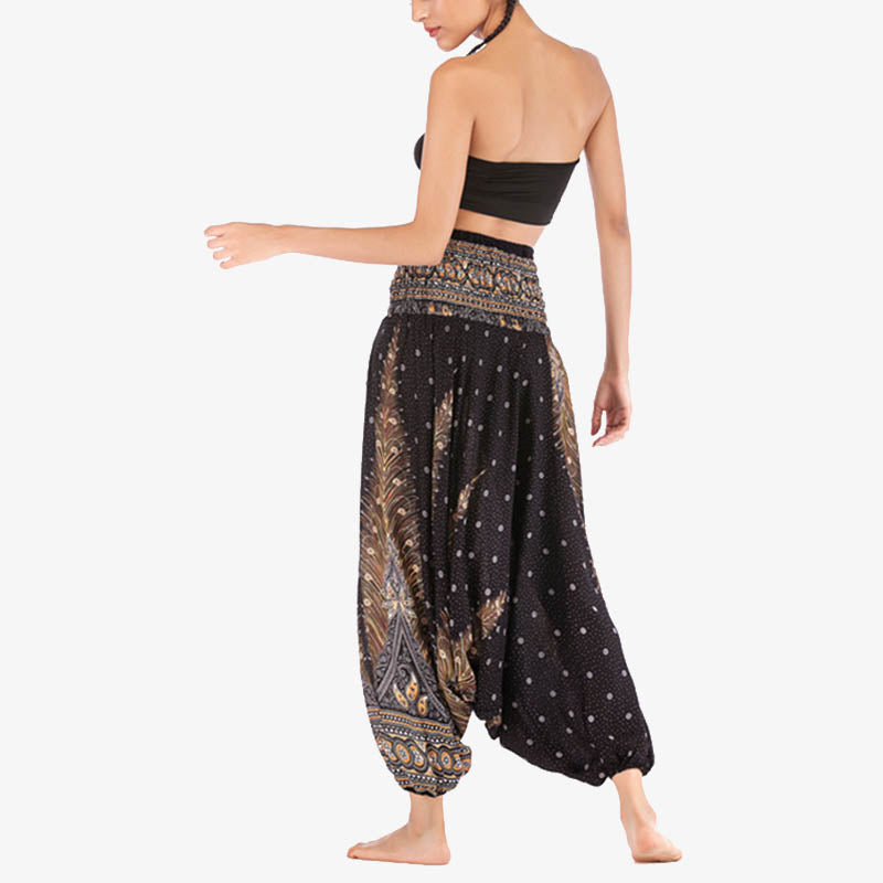 Nimara Ritual Two Style Wear Feathers Geometric Pattern Loose Smocked Trousers Jumpsuit Women's Yoga Pants