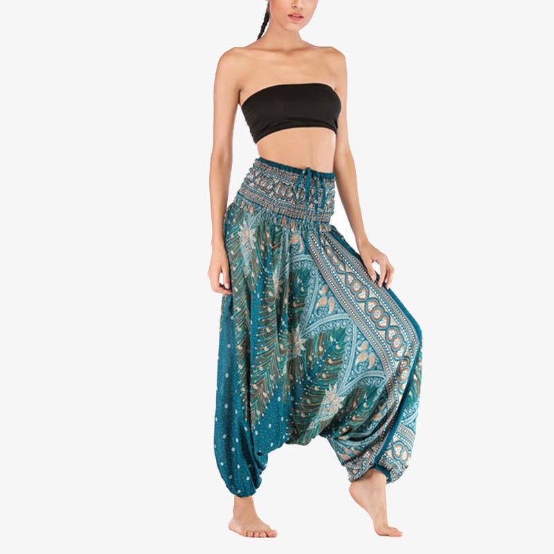 Nimara Ritual Two Style Wear Feathers Geometric Pattern Loose Smocked Trousers Jumpsuit Women's Yoga Pants