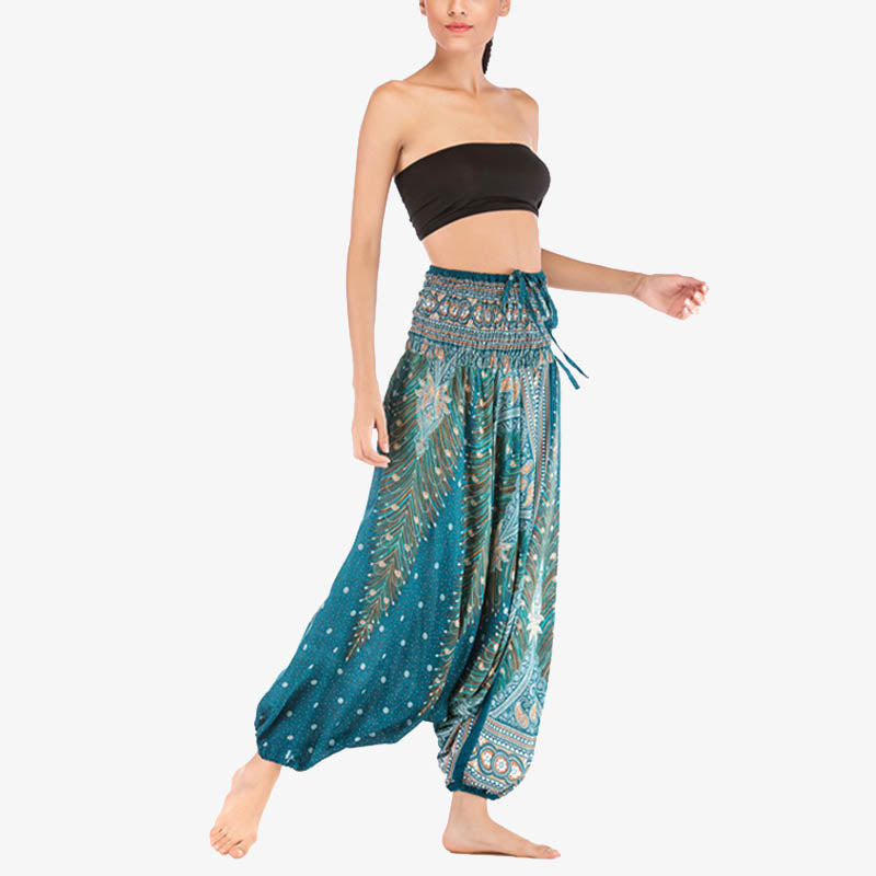 Nimara Ritual Two Style Wear Feathers Geometric Pattern Loose Smocked Trousers Jumpsuit Women's Yoga Pants