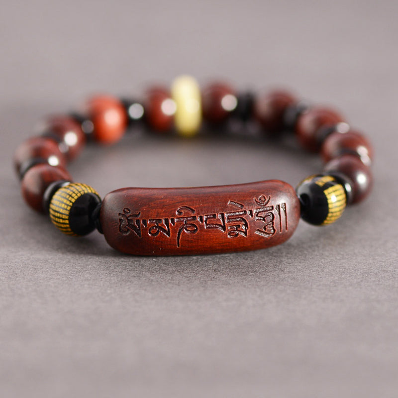Nimara Ritual Small Leaf Red Sandalwood Om Mani Padme Hum Engraved Protection Bracelet
