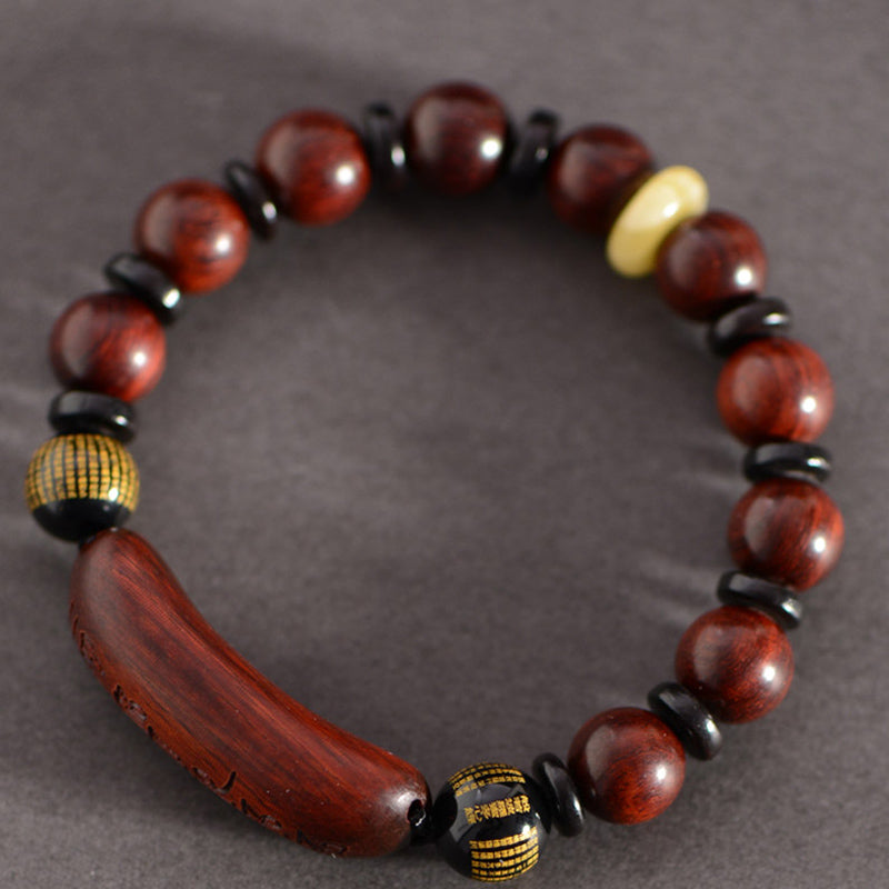 Nimara Ritual Small Leaf Red Sandalwood Om Mani Padme Hum Engraved Protection Bracelet
