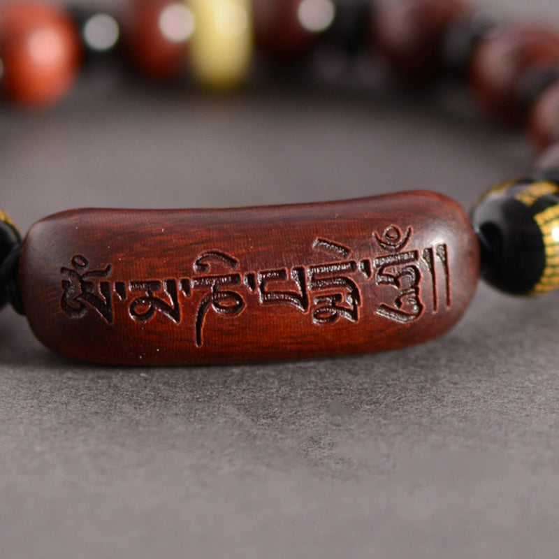 Nimara Ritual Small Leaf Red Sandalwood Om Mani Padme Hum Engraved Protection Bracelet
