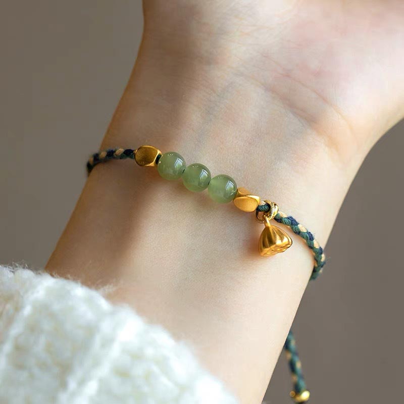 Nimara Ritual Handcrafted Hetian Jade Lotus Charm Luck Braided Bracelet