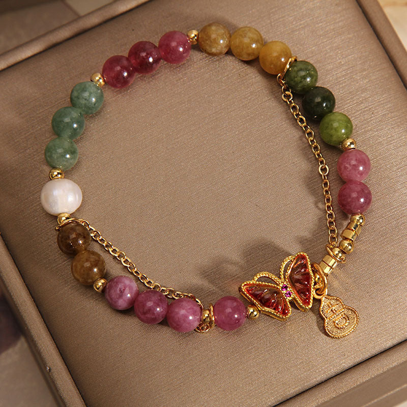 Nimara Ritual Natural Colorful Tourmaline Butterfly Auspicious Character Gourd Charm Positive Bracelet