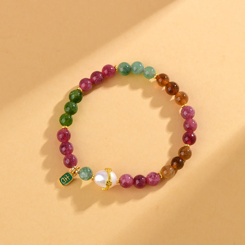Nimara Ritual Natural Multicolored Tourmaline Pearl Auspicious Character Charm Wisdom Bracelet