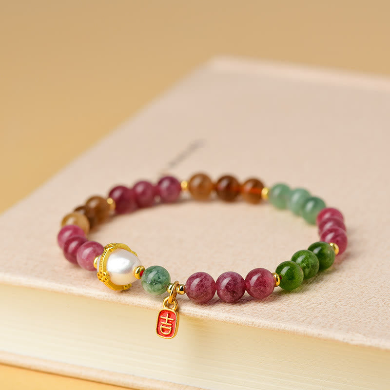 Nimara Ritual Natural Multicolored Tourmaline Pearl Auspicious Character Charm Wisdom Bracelet