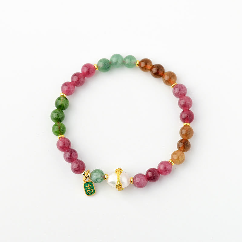 Nimara Ritual Natural Multicolored Tourmaline Pearl Auspicious Character Charm Wisdom Bracelet