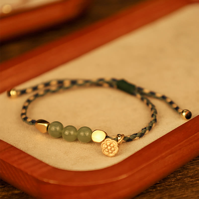 Nimara Ritual Handcrafted Hetian Jade Lotus Charm Luck Braided Bracelet