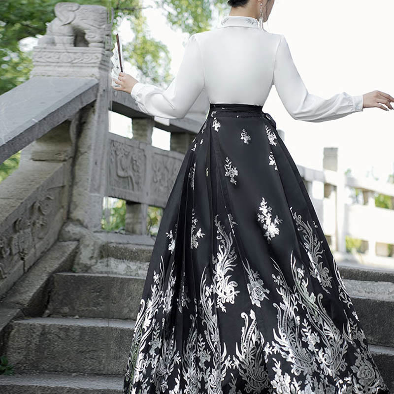 Nimara Ritual Flowers Leaves Feathers Long Sleeve Shirt Top Chinese Hanfu Ming Dynasty Horse Face Skirt Mamianqun Skirt
