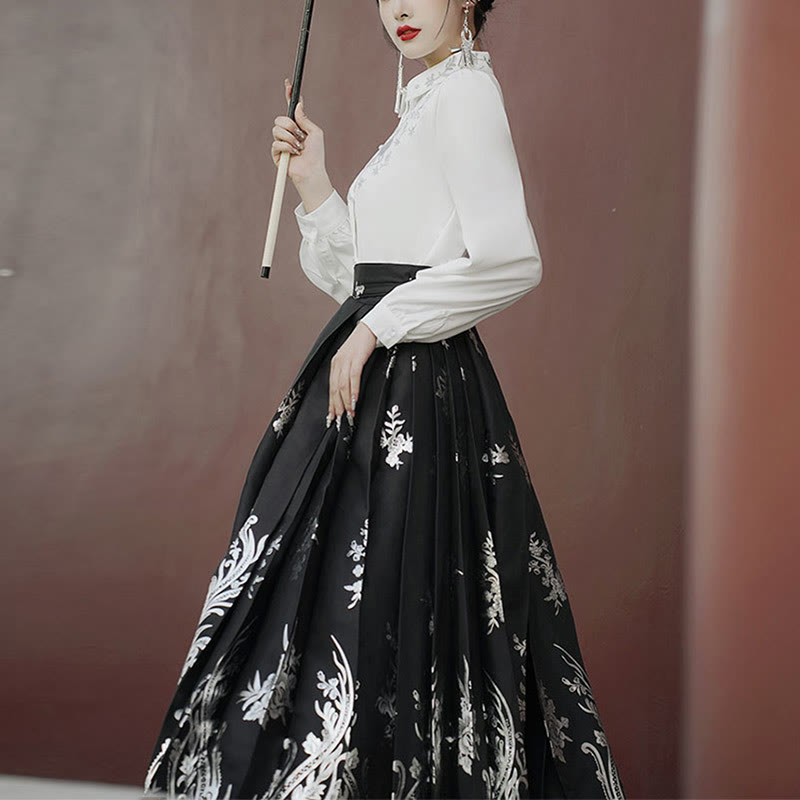 Nimara Ritual Flowers Leaves Feathers Long Sleeve Shirt Top Chinese Hanfu Ming Dynasty Horse Face Skirt Mamianqun Skirt